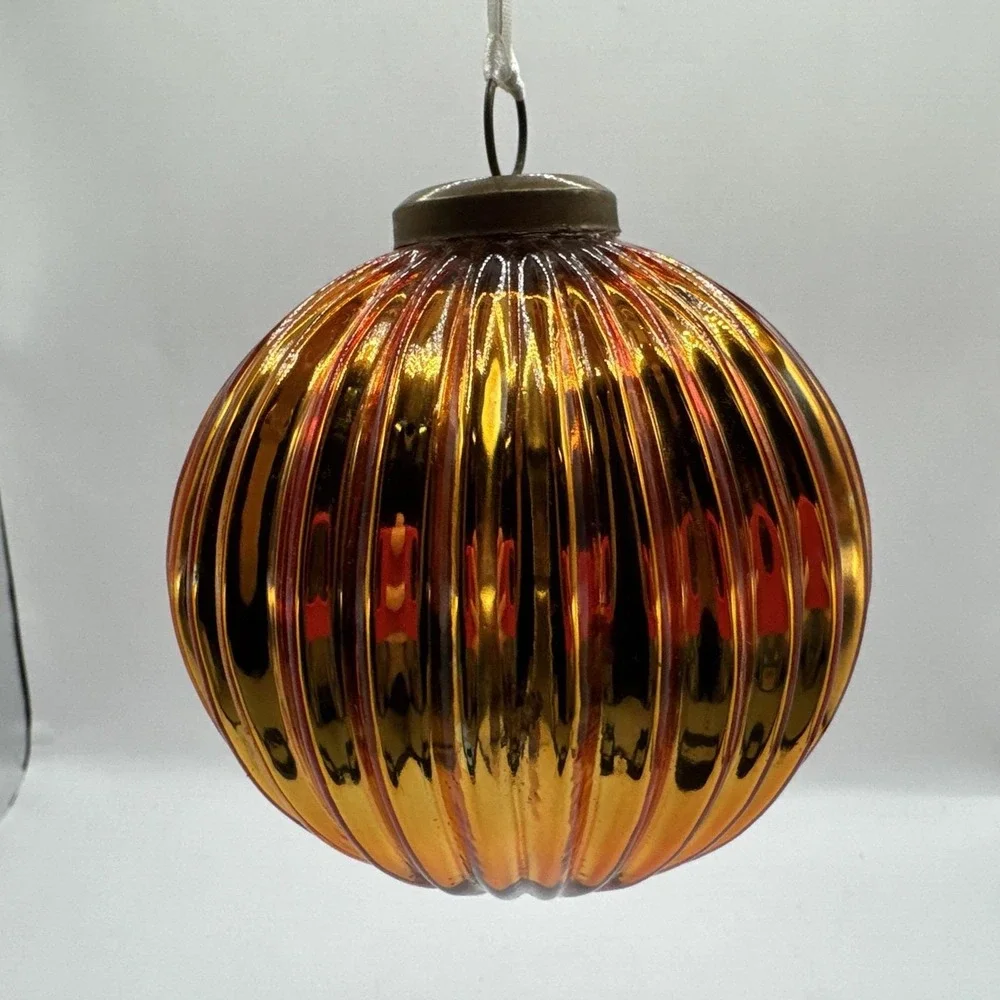 Vintage Kugel Glass Ornament Gold Ribbed Pumpkin Shape Mercury  Glass‎